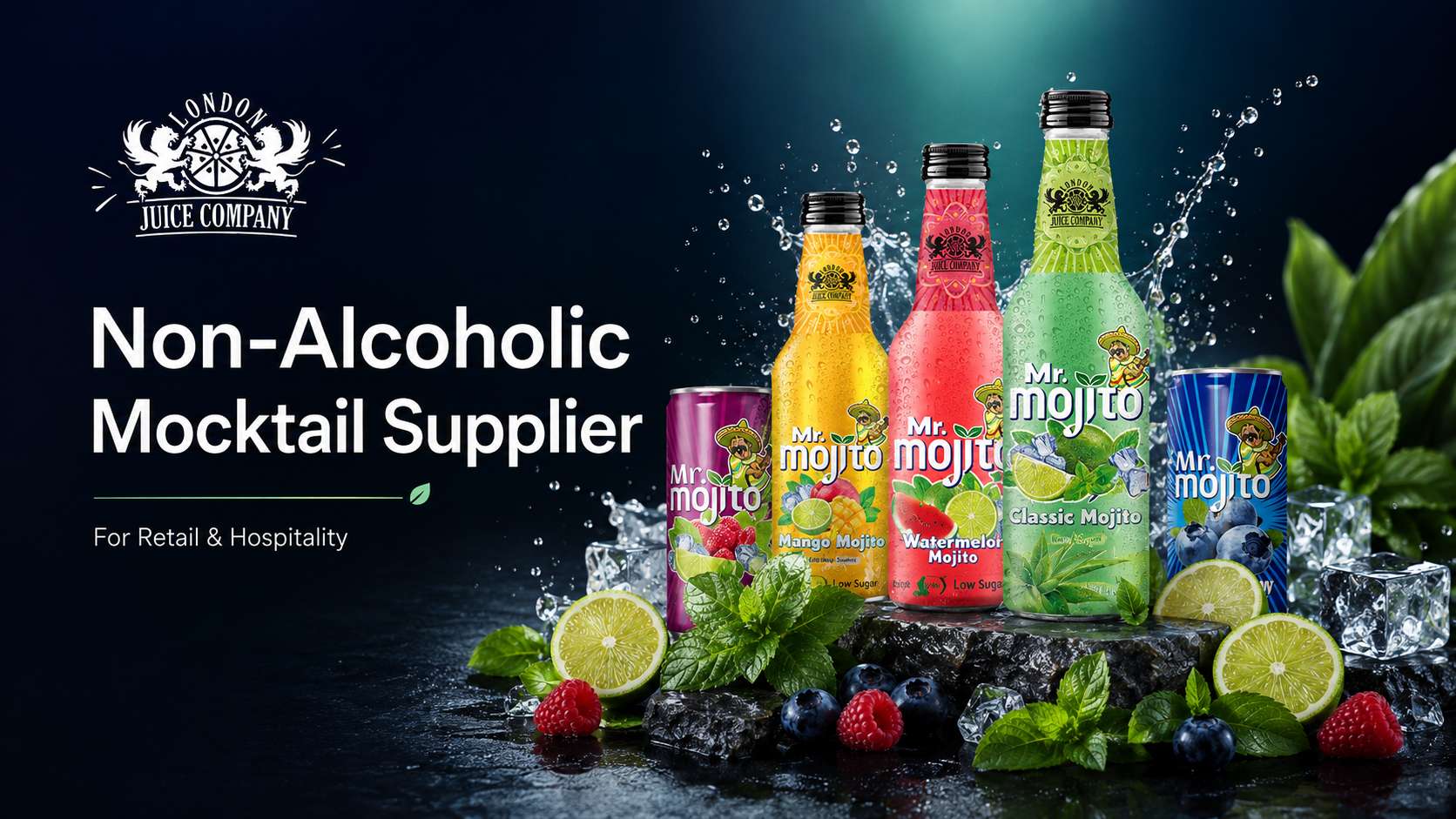 Non-alcoholic mocktail supplier range with Mr Mojito bottles